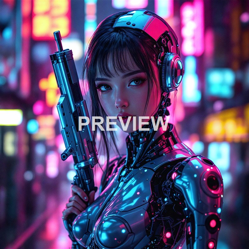 A female cyborg with a human face, robotic body, and large headphones holding a futuristic gun in a neon-lit cityscape at night.